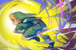 Rule 34 | 1boy, belt, blonde hair, blue eyes, boots, eunjuragi, fighting, full body, green headwear, green tunic, highres, holding, holding shield, holding sword, holding weapon, link, looking back, male focus, nintendo, pointy ears, shield, short hair, signature, solo, sword, the legend of zelda, weapon