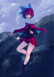 Rule 34 | 1girl, absurdres, bad id, bad pixiv id, black footwear, black shirt, boots, bow, cape, cloud, disembodied head, flying, frown, full body, hair bow, head, highres, long sleeves, looking at viewer, maina (kazumi3), mountain, nail polish, open mouth, panties, pantyshot, red eyes, red hair, red nails, red skirt, scenery, sekibanki, shirt, short hair, skirt, sky, solo, standing, touhou, underwear, upskirt, white panties