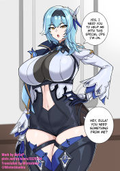 Rule 34 | absurdres, blue hair, breasts, english text, eula (genshin impact), genshin impact, gloves, hair ornament, hella p, highres, large breasts, thighs, yellow eyes