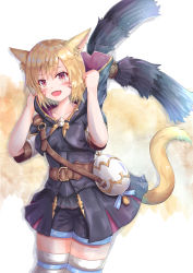 Rule 34 | 1girl, animal ear fluff, animal ears, blonde hair, blush, cat tail, cocoasabure, cowboy shot, facial mark, fang, final fantasy, final fantasy xiv, highres, hood, hood down, looking at viewer, miqo&#039;te, open mouth, red eyes, short hair, shorts, shorts under skirt, showgirl skirt, slit pupils, solo, standing, tail, thighhighs, whisker markings, white thighhighs