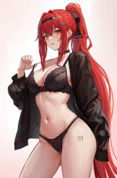 Rule 34 | 1girl, alternate costume, bra, breasts, choker, cleavage, hair ornament, haruyuki (karem), high ponytail, jacket, large breasts, lingerie, long hair, long sleeves, mole, mole under eye, open clothes, open jacket, open mouth, ponytail, punishing: gray raven, red eyes, red hair, sidelocks, solo, stomach, strap pull, tattoo, underwear, vera: garnet (punishing: gray raven), vera (punishing: gray raven), very long hair, x hair ornament