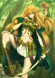 Rule 34 | 2girls, barefoot, blonde hair, boots, bow (weapon), breasts, eiwa, elf, fairy, fairy wings, forest, green eyes, long hair, medium breasts, multiple girls, nature, navel, official art, orange hair, original, pointy ears, skirt, smile, unicorn, very long hair, weapon, wings