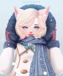 Rule 34 | 1girl, absurdres, animal ears, artist name, bell, blonde hair, blue background, blue eyes, blue scarf, buttons, cat ears, cat girl, coat, eyeliner, fur trim, gloves, hands up, highres, jingle bell, lipstick, long sleeves, looking at viewer, lulybot, makeup, original, parka, parted lips, pink lips, purple gloves, scarf, short hair, smile, snow, solo, swept bangs, teeth, upper body, winter clothes