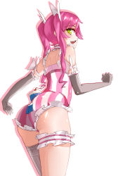 Rule 34 | 1girl, ass, black gloves, borrowed character, bow, bridal garter, choker, cupcake, cupcake-chan, elbow gloves, enki (dragonfire), food, frills, from behind, gloves, green eyes, hair bow, highres, leotard, long hair, original, pink hair, simple background, single thighhigh, solo, striped, thighhighs, twintails, vertical stripes, white background