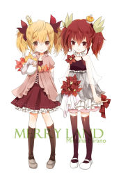 Rule 34 | 2girls, bad id, bad pixiv id, blonde hair, bow, brown legwear, casual, crown, flower, hair bow, hair ornament, hair ribbon, looking at viewer, mary janes, mini crown, multiple girls, original, rano8, red eyes, red hair, ribbon, shoes, smile, thighhighs, twintails, yellow eyes, zettai ryouiki