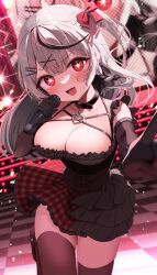 Rule 34 | 1girl, aamana0, absurdres, black collar, black gloves, black hair, blush, breasts, cleavage, collar, fang, gloves, grey hair, hair ornament, heart pendant, highres, hololive, large breasts, looking at viewer, medium hair, multicolored hair, one side up, open mouth, red eyes, sakamata chloe, solo, streaked hair, virtual youtuber, x hair ornament