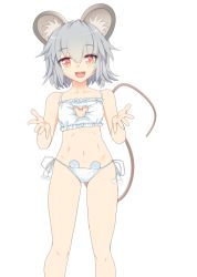Rule 34 | :d, adapted costume, animal ears, bra, eyebrows, grey hair, ishikkoro, looking at viewer, mouse ears, mouse tail, nazrin, open mouth, panties, red eyes, simple background, smile, solo, tail, touhou, underwear, underwear only