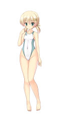 Rule 34 | 1girl, arena (company), barefoot, blonde hair, breasts, collarbone, commentary request, competition swimsuit, covered navel, full body, green eyes, highleg, highleg swimsuit, hizuki aki, logo, looking at viewer, low twintails, negative space, one-piece swimsuit, original, short hair, simple background, small breasts, solo, swimsuit, twintails, white background, white one-piece swimsuit