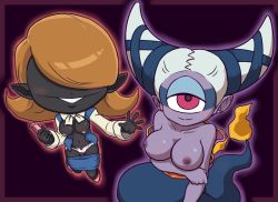 Rule 34 | 10s, 2girls, artist request, black skin, breasts, brown hair, colored skin, cyclops, fuumin (youkai watch), looking at viewer, multiple girls, one-eyed, purple skin, red eyes, white hair, youkai watch