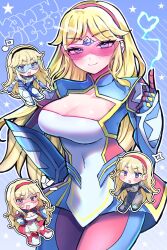 Rule 34 | 1girl, blonde hair, blush, breasts, cleavage, cleavage cutout, closed mouth, clothing cutout, covered navel, eyelashes, grey eyes, hairband, heart, heart-shaped pupils, highres, kamen america, kamen america (comic), large breasts, musical note, na (niruo3), open mouth, pink-tinted eyewear, pink hairband, smile, star (symbol), superhero costume, symbol-shaped pupils, tinted eyewear