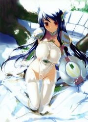 Rule 34 | 1girl, absurdres, armor, blue hair, blush, boots, breasts, china dress, chinese clothes, covered erect nipples, dress, highres, hima, huge breasts, long hair, nipples, red eyes, see-through, shield, solo, sword, thighhighs, water, weapon, wet, wet clothes