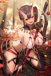 Rule 34 | absurdres, armor, bent over, between breasts, breasts, evertale, hibiki (evertale), highres, horns, japanese armor, kakage, large breasts, looking at viewer, nail polish, oni, oni horns, open mouth, red eyes, revealing clothes, smile, solo, sword, sword between breasts, weapon