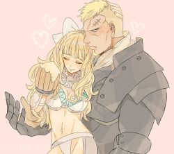 Rule 34 | 1boy, 1girl, alcohol, armor, beard, beer, beer mug, benny (fire emblem), blonde hair, blush, bow, breasts, charlotte (fire emblem), cleavage, cup, closed eyes, facial hair, fire emblem, fire emblem fates, gloves, hair bow, heart, hetero, large breasts, long hair, midriff, mug, nintendo, pink background, scar, short hair, shourou kanna, size difference, smile, white bow