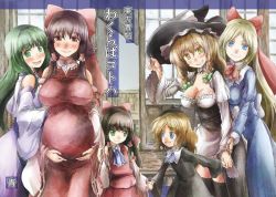 Rule 34 | 6+girls, ascot, bare legs, blonde hair, blue eyes, bow, braid, breasts, cleavage, detached sleeves, green eyes, green hair, grin, hair bow, hair tubes, hakurei reimu, hat, holding, if they mated, kirisame marisa, kochiya sanae, large breasts, long hair, looking at viewer, mother and daughter, multiple girls, open mouth, pregnant, red eyes, shanghai doll, short hair, short hair with long locks, single braid, smile, thighhighs, touhou, yellow eyes, yohane, yuri