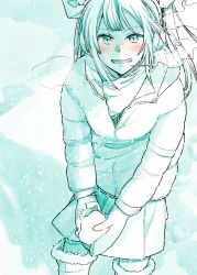 Rule 34 | 1girl, :d, blue theme, blunt bangs, blush, boots, bow, breath, coat, commentary request, earmuffs, hair bow, highres, kantai collection, long sleeves, looking at viewer, mittens, monochrome, open mouth, scarf, skirt, smile, snow, snowball, snowing, solo, spot color, standing, thighhighs, tone (kancolle), twintails, winter clothes, winter coat, yami (m31)