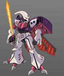 Rule 34 | beam saber, clenched hand, creator connection, dunbine, fusion, grey background, gundam, holding, holding sword, holding weapon, insect wings, looking to the side, mecha, mecha focus, no humans, one-eyed, qubeley, rabo, red eyes, robot, science fiction, seisenshi dunbine, solo, sword, weapon, wings, zeta gundam