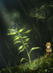 Rule 34 | 1girl, brown hair, cloak, closed mouth, commentary, copyright request, dutch angle, forest, grass, highres, hiranko, hood, hood up, hooded cloak, light rays, nature, smile, solo, standing