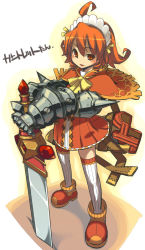 Rule 34 | 1girl, ahoge, armor, gauntlets, greatsword, hands on hilt, headdress, maid, matching hair/eyes, orange eyes, orange hair, original, planted, planted sword, planted weapon, short hair, slit pupils, solo, super zombie, suupaa zonbi, sword, thighhighs, translation request, weapon, white thighhighs, zettai ryouiki