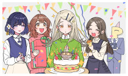 ^_^ ahoge birthday_cake black_dress blonde_hair blush box brown_hair cake camera candle closed_eyes confetti dress food formal_clothes gakuen_idolmaster gift gift_box green_sweater hanami_ume hat hataya_misuzu highres holding holding_box holding_camera holding_party_popper idolmaster ippan_gakumasup kuramoto_china p-head_producer party_hat party_popper pinafore_dress pink_sweater producer_(idolmaster) purple_hair purple_sweater_vest shinosawa_hiro sleeveless sleeveless_dress smile steepled_fingers sweater sweater_vest