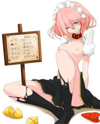 Rule 34 | 1girl, aqua eyes, breasts, collar, collarbone, maid, maid headdress, nipples, no panties, one eye closed, original, pink hair, short hair, sign, small breasts, solo, takagi (tansuke), tansuke, topless, torn clothes, translation request, wink