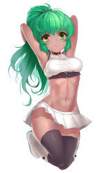 Rule 34 | 1girl, armpits, arms behind back, arms up, bare shoulders, black panties, black thighhighs, boots, breasts, choker, closed mouth, collarbone, crop top, dark-skinned female, dark skin, ehart, green eyes, green hair, groin, hair ornament, hair tie, high collar, highres, knee boots, long hair, looking at viewer, matching hair/eyes, medium breasts, microskirt, midriff, navel, original, panties, pantyshot, pleated skirt, ponytail, shirt, simple background, skin tight, skirt, smile, solo, stomach, taut clothes, taut shirt, thighhighs, underwear, white background, white footwear, white panties, white skirt