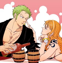 Rule 34 | 1boy, 1girl, arm tattoo, bandana around arm, beer mug, bikini, bikini top only, black kimono, bottle, bracelet, chabo (niwatori bosori), commentary request, cup, earrings, green hair, hand on another&#039;s face, highres, holding, holding bottle, japanese clothes, jewelry, kimono, log pose, long hair, looking at another, mug, nami (one piece), one eye closed, one piece, orange hair, pink background, roronoa zoro, scar, scar across eye, scar on chest, short hair, sideburns, sidelocks, simple background, swimsuit, tattoo, v-shaped eyebrows
