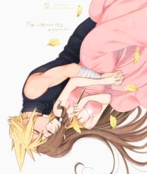 Rule 34 | 1boy, 1girl, 2020, aerith gainsborough, bad id, bad pixiv id, bare arms, black sweater, blonde hair, breasts, brown hair, closed eyes, cloud strife, couple, dated, dress, final fantasy, final fantasy vii, hand on hand, hetero, hug, hug from behind, kiss, krudears, long dress, long hair, medium breasts, petals, pink dress, ribbed sweater, signature, sleeveless, sleeveless dress, sleeveless sweater, spiked hair, straight hair, sundress, sweater, turtleneck, turtleneck sweater, twitter username, very long hair, watermark, web address, white background
