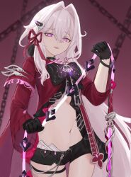 Rule 34 | 1girl, anklet, armlet, belly, black choker, black gloves, black shorts, bright pupils, chain, choker, cross, eiri se, gloves, hair ornament, highres, holding, holding whip, honkai (series), honkai impact 3rd, jacket, jewelry, long hair, long sleeves, looking at viewer, navel, open mouth, purple background, purple eyes, purple ribbon, red jacket, red ribbon, ribbon, ribbon hair ornament, shorts, simple background, smile, thelema (honkai impact), very long hair, weapon, whip sword, white hair, white pupils