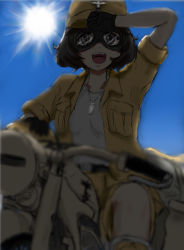 Rule 34 | 10s, 1girl, afrika korps, akiyama yukari, alternate costume, brown eyes, brown hair, commentary, cskezy, day, dog tags, fatigues, from below, girls und panzer, gloves, goggles, hand on own head, hat, jacket, military, military hat, military uniform, military vehicle, motor vehicle, motorcycle, open clothes, open jacket, open mouth, reichsadler, short hair, shorts, sketch, sky, sleeves rolled up, solo, sun, swastika, uniform, vehicle, wehrmacht, world war ii