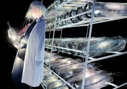 Rule 34 | 1girl, bottle, darkness, closed eyes, fantasy, galaxy, glowing, highres, lab coat, long sleeves, original, shelf, shirt, shorts, silver hair, solo, sousou (sousouworks)