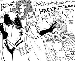 2girls absurdres ahoge amulet angry armor bb_(baalbuddy) breast_envy breasts cape cleavage commentary curvy english_commentary greyscale highres large_breasts laughing lina_inverse long_hair looking_at_another medium_breasts monochrome multiple_girls naga_the_serpent navel open_mouth revealing_clothes sharp_teeth shoulder_armor slayers smile speech_bubble teeth thong very_long_hair wide_hips