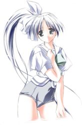 Rule 34 | 00s, 1girl, blue eyes, blue hair, bow, grey one-piece swimsuit, hair bow, itou noemi, long hair, matching hair/eyes, no pants, nomal, one-piece swimsuit, school swimsuit, school uniform, serafuku, side ponytail, simple background, solo, standing, swimsuit, swimsuit under clothes, with you