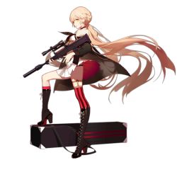 Rule 34 | 1girl, ask (askzy), assault rifle, black footwear, black panties, boots, braid, breasts, bullpup, choker, cross-laced footwear, french braid, full body, girls&#039; frontline, gun, high heel boots, high heels, knee boots, kneehighs, lace-up boots, light brown hair, long hair, low ponytail, official art, ots-14 (girls&#039; frontline), ots-14 groza, panties, pantyshot, parted lips, pleated skirt, red socks, rifle, scope, single kneehigh, single sock, single thighhigh, skirt, small breasts, socks, solo, striped clothes, striped socks, striped thighhighs, suppressor, thighhighs, transparent background, underwear, upskirt, vertical-striped clothes, vertical-striped socks, vertical-striped thighhighs, very long hair, weapon, wind, wind lift, yellow eyes
