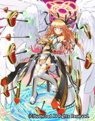 Rule 34 | 1girl, arrow (projectile), blonde hair, blue eyes, blush, boots, cardfight!! vanguard, company name, feathered wings, heart, holy seraph nociel, long hair, magic circle, navel, official art, patricia (stylish marunage), solo, wings