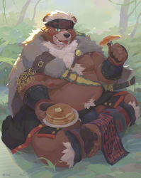 Rule 34 | 1boy, absurdres, ainu clothes, animal ears, bara, bare pectorals, bear boy, bear ears, branch, brown fur, bulge, chest hair, fat, food, full body, furry, furry male, grass, green eyes, headband, highres, holding, incoming food, kimun kamui (housamo), large pectorals, looking at viewer, male focus, muscular, muscular male, navel, nipples, open mouth, pancake, pectorals, pelvic curtain, seamonsterping, short hair, sitting, smile, solo, stomach, thick thighs, thighs, tokyo houkago summoners, tongue, underpec