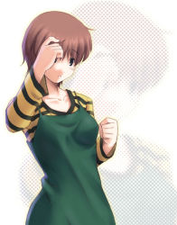 Rule 34 | 00s, 1girl, apron, arms up, blue eyes, brown hair, closed mouth, expressionless, fate/stay night, fate (series), fujimura taiga, long sleeves, looking at viewer, open mouth, shirt, short hair, simple background, solo, striped clothes, striped shirt, upper body, white background, zoom layer