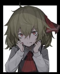 Rule 34 | 1girl, ahoge, ascot, black vest, blonde hair, blood, blood from mouth, blood on face, blood on hands, bow, bowtie, closed mouth, commentary request, expressionless, hair between eyes, hair bow, hair ribbon, hands on own cheeks, hands on own face, highres, hisha (kan moko), long sleeves, looking at viewer, red bow, red eyes, red neckwear, red ribbon, ribbon, rumia, shade, shadow, shirt, short hair, simple background, solo, touhou, upper body, vest, white shirt, wing collar