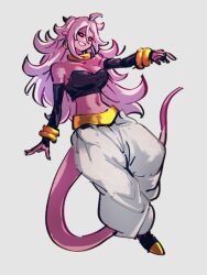 Rule 34 | 1girl, android 21, bare shoulders, black sclera, black sleeves, bracelet, breasts, choker, cleavage, colored sclera, colored skin, detached sleeves, dragon ball, dragon ball fighterz, earrings, full body, grey background, hair between eyes, hoop earrings, jewelry, kemachiku, long hair, majin android 21, medium breasts, midriff, navel, pants, pink hair, pink skin, red eyes, simple background, smile, solo, tail, white pants, yellow choker