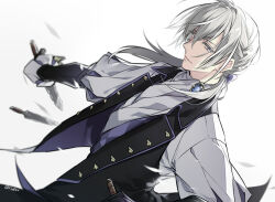 Rule 34 | 1boy, ascot, black jacket, blue gemstone, bow, brooch, closed mouth, dagger, dual wielding, fire emblem, fire emblem fates, gauntlets, gem, grey hair, hair between eyes, hair bow, holding, holding dagger, holding knife, holding weapon, icylove, jacket, jakob (fire emblem), jewelry, knife, lapels, long hair, looking at viewer, low ponytail, male focus, nintendo, open clothes, open jacket, puff and slash sleeves, puffy sleeves, purple bow, purple vest, shirt, sideways glance, simple background, sleeveless, sleeveless jacket, solo, upper body, vest, weapon, white ascot, white background, white shirt