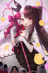 Rule 34 | 1girl, :3, absurdres, ahoge, bird, black hair, blush, bow, breasts, candy, candy cane, cleavage, dress, duck, food, frilled dress, frilled sleeves, frills, gem, gloves, hair bobbles, hair bow, hair ornament, highres, holding, layered dress, long hair, looking at viewer, medium breasts, multicolored hair, nijisanji, open mouth, pearl (gemstone), pink eyes, pink hair, sash, shin insh, short sleeves, smile, solo, split-color hair, staff, streaked hair, striped clothes, striped dress, twintails, vertical-striped clothes, vertical-striped dress, very long hair, virtual youtuber, white hair, yorumi rena, yorumi rena (1st costume)