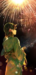 Rule 34 | 1girl, brown eyes, brown hair, commentary request, fireworks, floral print, from behind, green kimono, hair ornament, holding, japanese clothes, kimono, kinchaku, long sleeves, looking up, night, night sky, obi, open mouth, original, pouch, sasamori tomoe, sash, sky, solo, summer festival, wide sleeves