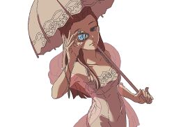 Rule 34 | 1girl, ace attorney, bracelet, braid, closed mouth, covering one eye, crown braid, dahlia hawthorne, dress, gem, green eyes, hagoromo, hand up, heart, highres, holding, holding gem, holding umbrella, jewelry, lcageki, long hair, looking at viewer, pink dress, pink shawl, red hair, see-through shawl, shawl, simple background, sleeveless, sleeveless dress, solo, umbrella, upper body, white background