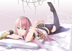 Rule 34 | 1girl, bed, belt, black thighhighs, cable, hand to own mouth, headphones, holding, legs, long hair, lying, megurine luka, on stomach, pink hair, retsuna, smile, solo, thighhighs, vocaloid, wire