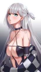 Rule 34 | 1girl, absurdres, arm strap, armband, azur lane, bare shoulders, black background, black gloves, blue eyes, breasts, center opening, checkered flag, choker, cleavage, collarbone, commentary request, criss-cross halter, dress, flag, gloves, gradient background, halter dress, halterneck, hand up, highres, holding, holding flag, large breasts, long hair, looking at viewer, marumai, navel, one side up, open mouth, race queen, revealing clothes, shoukaku (azur lane), shoukaku (sororal wings) (azur lane), silver hair, skindentation, sleeveless, smile, solo, standing, stomach, upper body, very long hair