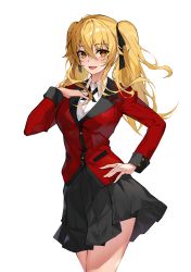Rule 34 | 1girl, :d, absurdres, black ribbon, black skirt, blonde hair, commentary request, cowboy shot, hair ribbon, hand on own hip, hand on own chest, highres, jacket, kakegurui, long hair, long sleeves, looking at viewer, miniskirt, open mouth, paradox (parapa), pleated skirt, red jacket, ribbon, saotome mary, shirt, simple background, skirt, smile, solo, standing, thighs, twintails, white background, white shirt, yellow eyes