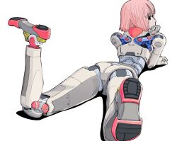 Rule 34 | 1girl, android, ass, black eyes, full body, head rest, highres, joints, looking at viewer, looking back, lying, on stomach, original, pink hair, robot joints, short hair, sideways glance, simple background, solo, sukabu, white background