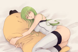 Rule 34 | 00s, 1girl, :3, :o, ass, bare shoulders, bottomless, c.c., cheese-kun, code geass, closed eyes, green hair, long hair, hugging object, parted lips, pillow, pillow hug, pizza hut, plum (arch), sleeping, solo, strapless, thighhighs, tube top, very long hair, white thighhighs