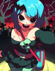 Rule 34 | 1girl, :d, aetherion, alternate costume, bag, bat hair ornament, belt, black eyes, blue hair, breasts, dress, fangs, graveyard, hair ornament, highres, jewelry, long sleeves, looking at viewer, medium breasts, necklace, open mouth, outdoors, pantyhose, ramona flowers, red pupils, scott pilgrim (series), short hair, skull necklace, smile, solo, strapless, strapless dress, swept bangs, tombstone, vampire