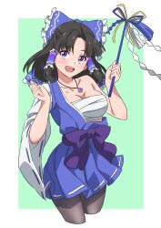 Rule 34 | 1girl, black hair, blue bow, blue dress, blue eyes, bow, breasts, chest sarashi, commentary, commission, cropped legs, detached sleeves, dress, gohei, green background, gyouza (mhea5724), hair bow, hair tubes, hakurei beimu, hakurei reimu, highres, holding, jewelry, large breasts, looking at viewer, medium hair, open mouth, pendant, ribbon-trimmed sleeves, ribbon trim, sarashi, shide, sidelocks, simple background, skeb commission, solo, teeth, touhou, upper teeth only, wide sleeves