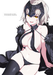 Rule 34 | 1girl, arm support, bare shoulders, bikini, black bikini, black thighhighs, breasts, cape, cleavage, cowboy shot, fate/grand order, fate (series), fur trim, grey hair, halterneck, halterneck, headpiece, highres, jeanne d&#039;arc (fate), jeanne d&#039;arc alter (avenger) (fate), jeanne d&#039;arc alter (fate), large breasts, navel, o-ring, open mouth, ress, short hair, simple background, sitting, smile, solo, swimsuit, thighhighs, white background, yellow eyes